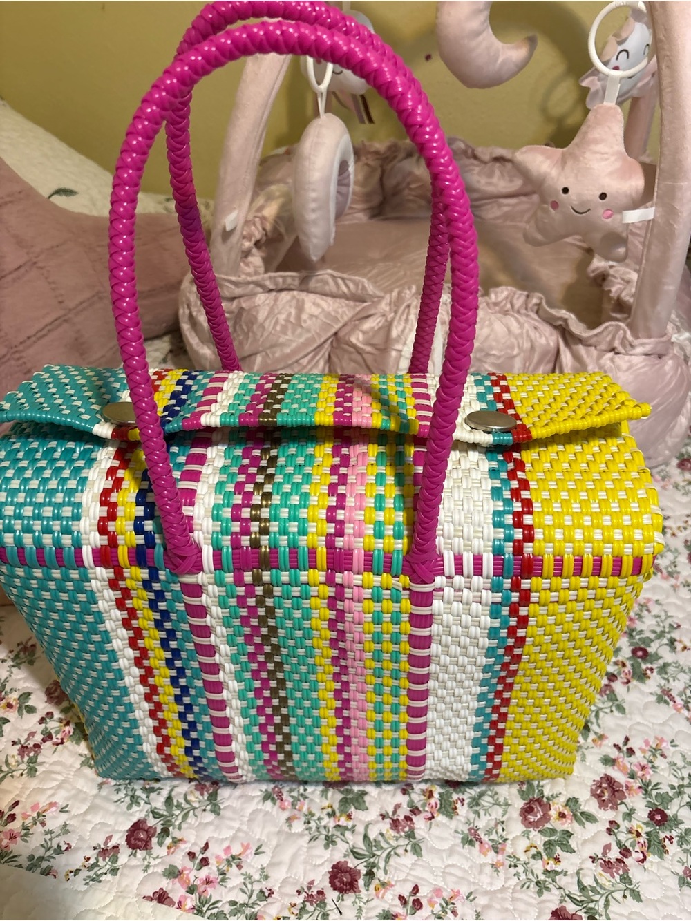 Handwoven Multicolor Tote Bag with Pink Handles